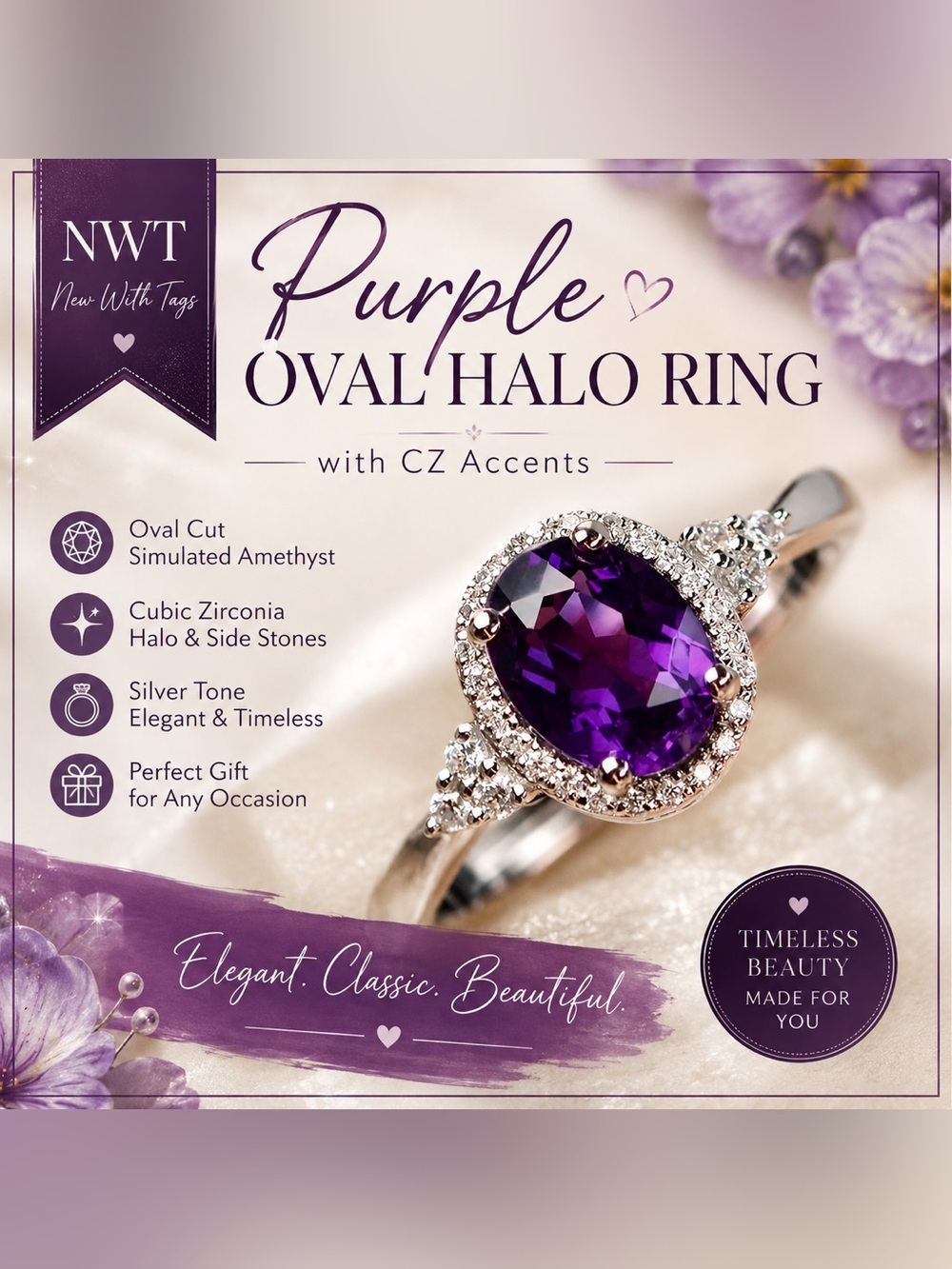 NWT Purple Oval Halo Ring with CZ Accents Silver Tone Simulated Amethyst Size 8